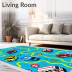 Bright Blue Rescue Vehicles Fun Scene Rug