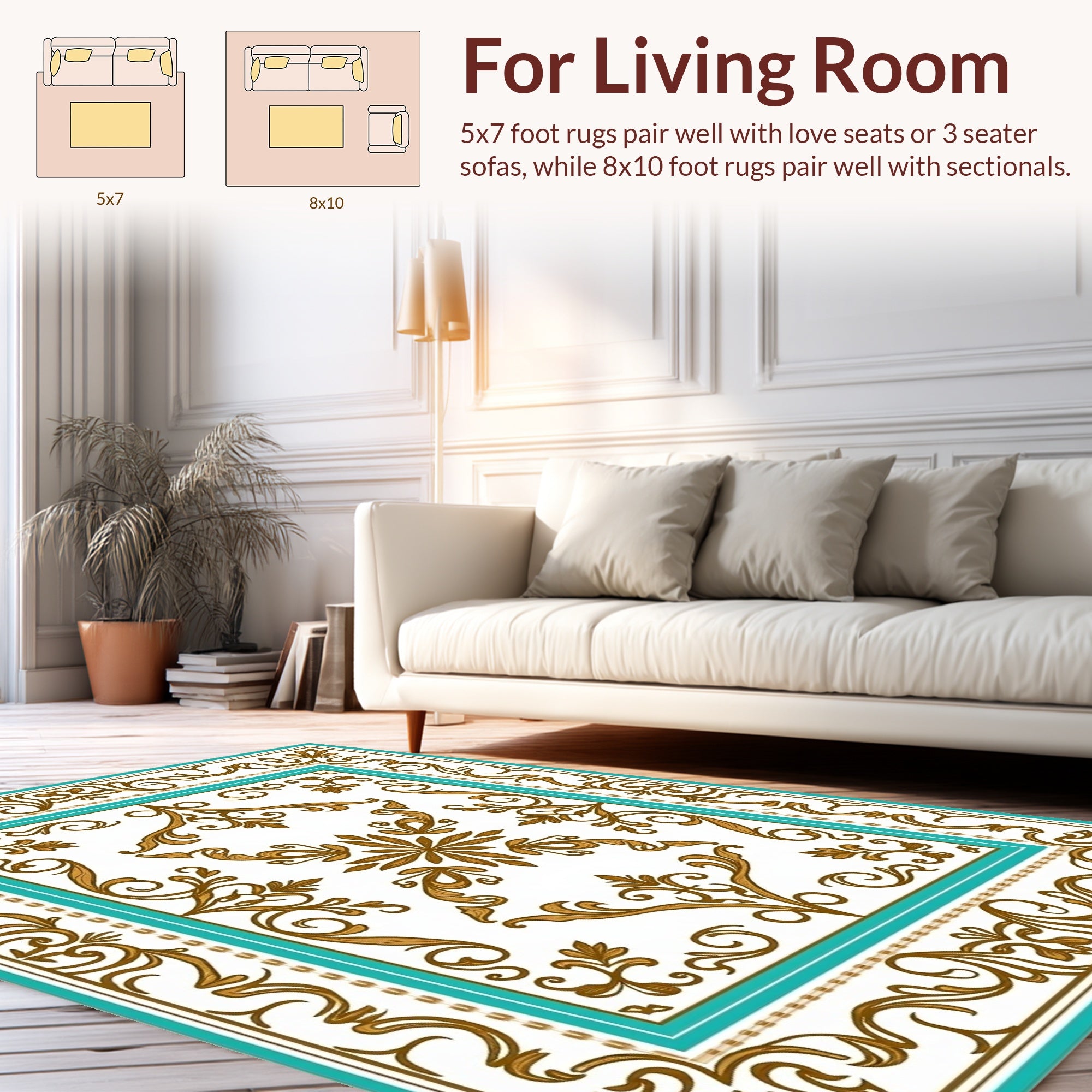 Elegant Gold Teal Scrollwork Pattern Rug
