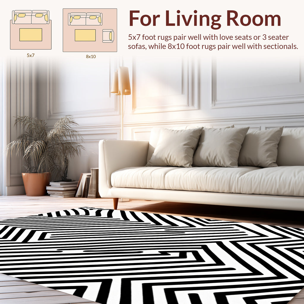 Black White Angled Line Art Design Rug