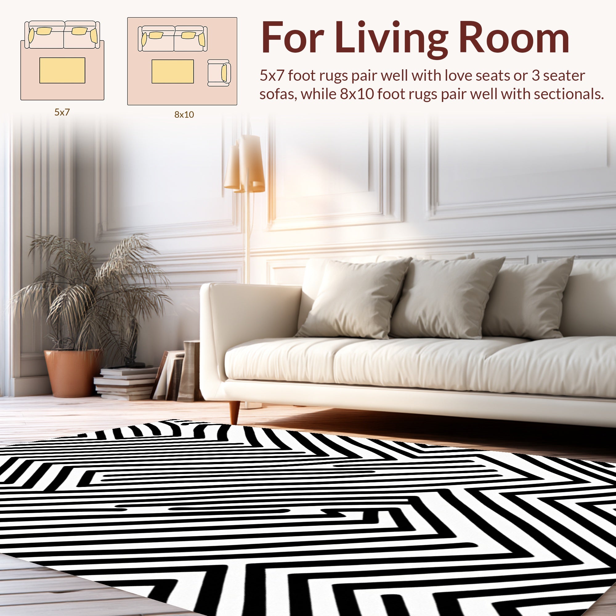 Black White Angled Line Art Design Rug