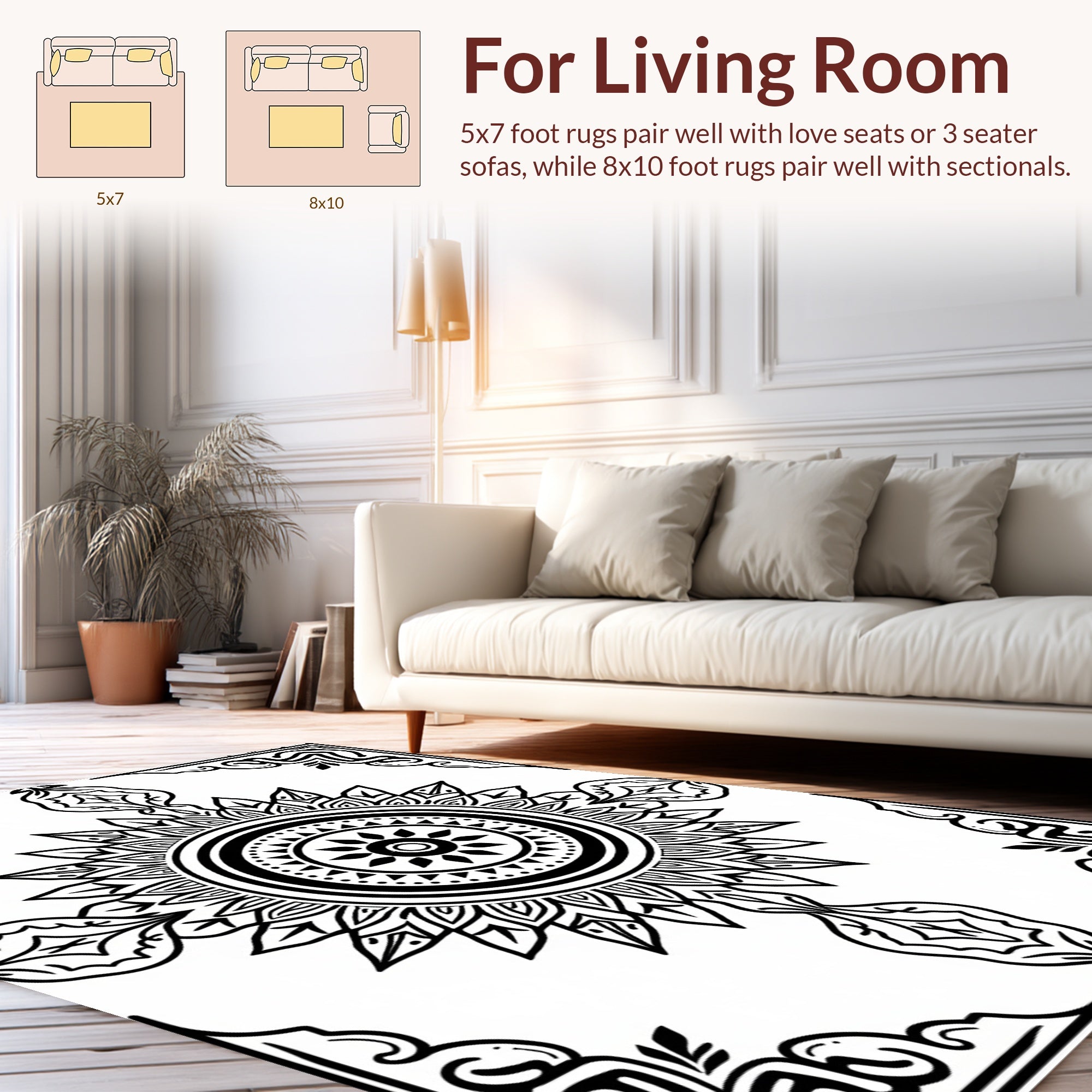 Mandala Style Graphic Black White Rug