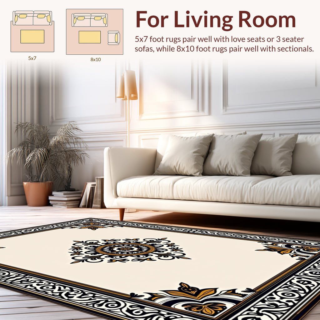 Elegant Black Gold Floral Border Design Rug