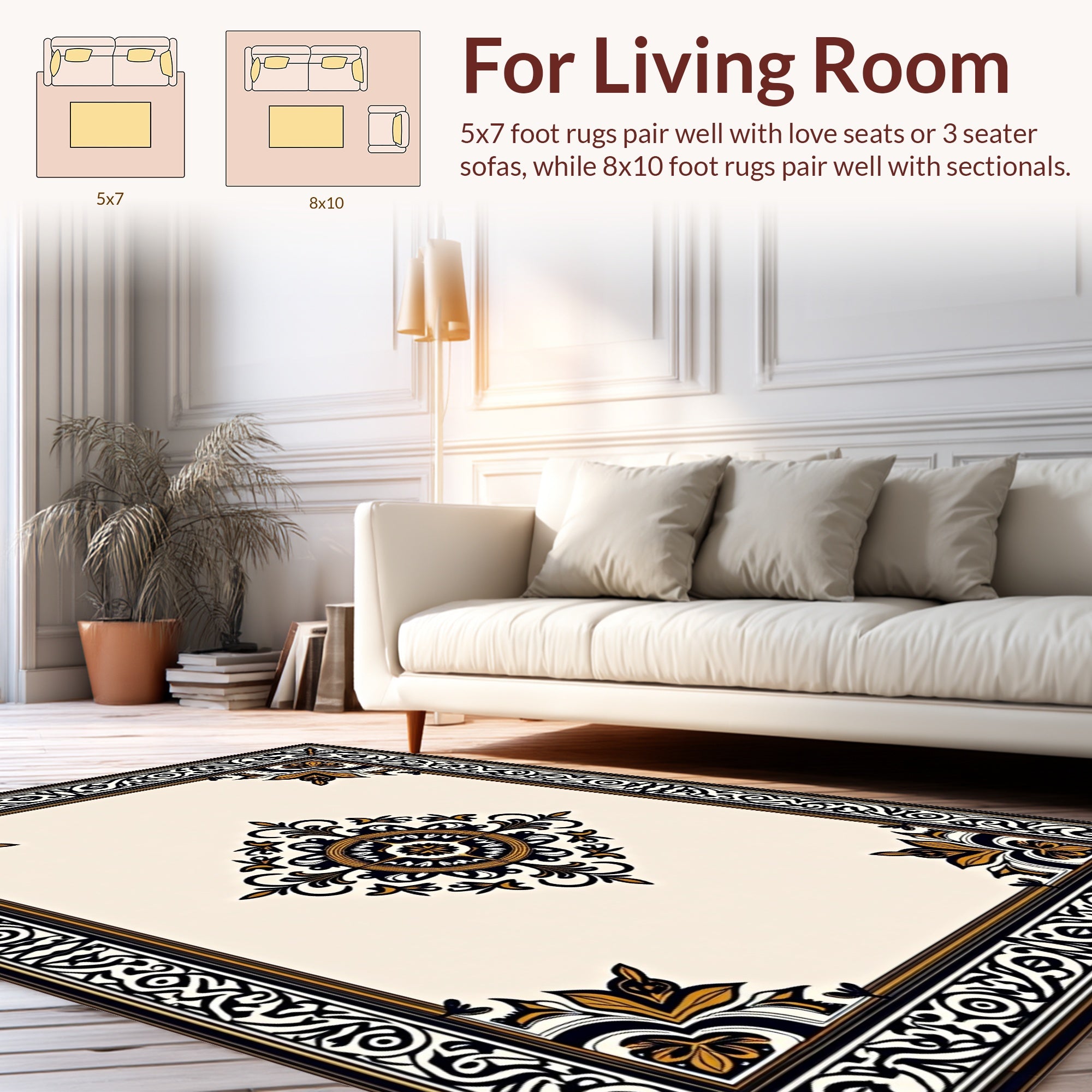 Elegant Black Gold Floral Border Design Rug