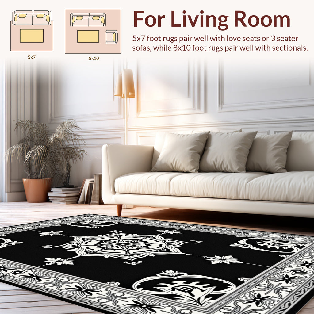 Timeless Black White Floral Medallion Rug