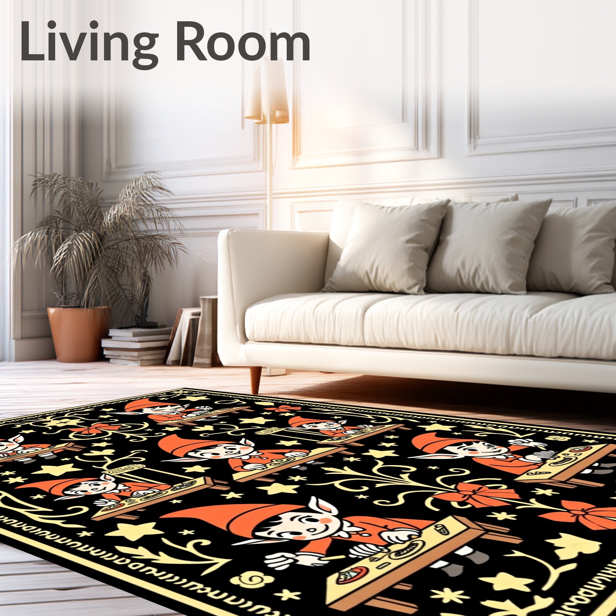 Whimsical Orange Elf Gnomes Black Rug