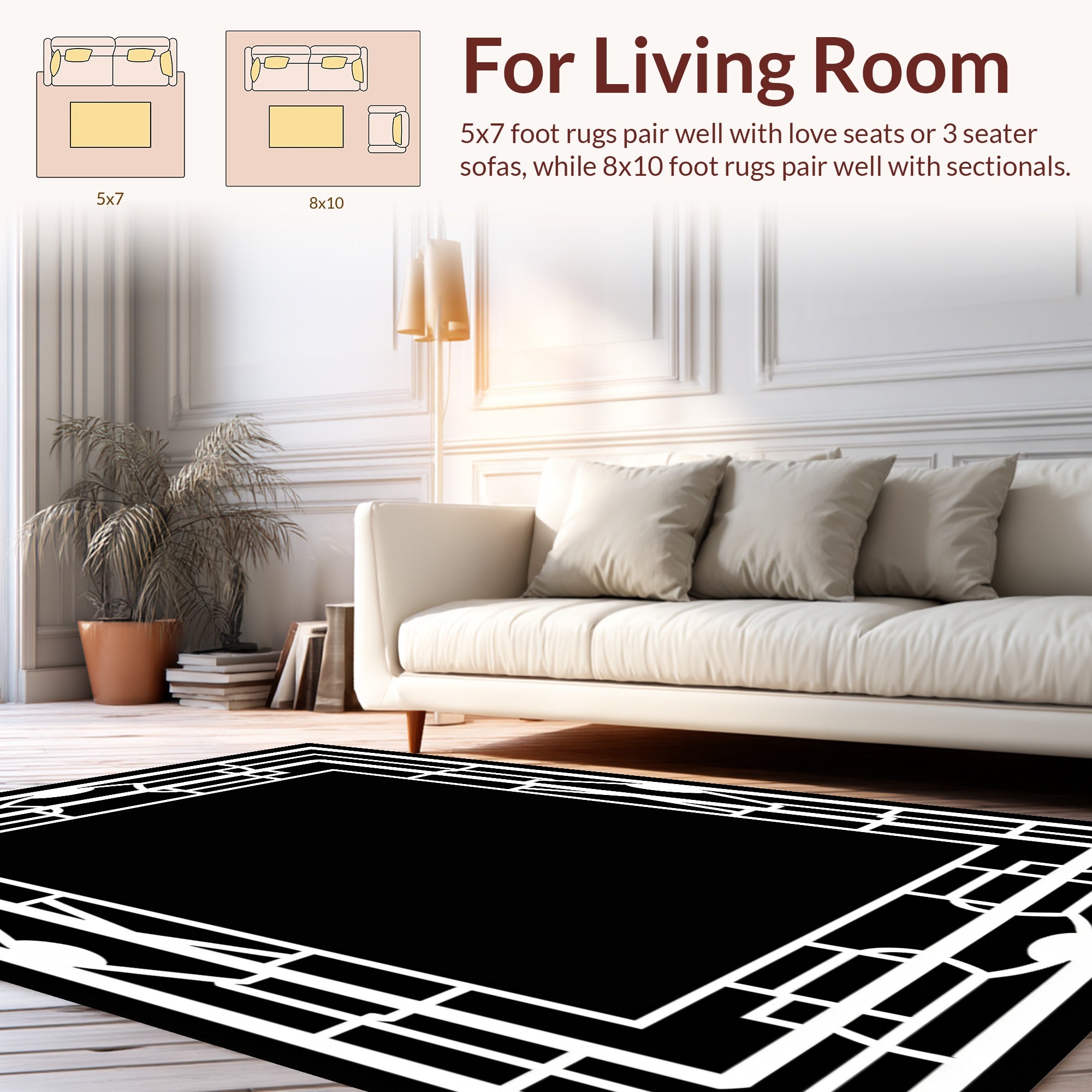 Bold Black White Geometric Border Rug