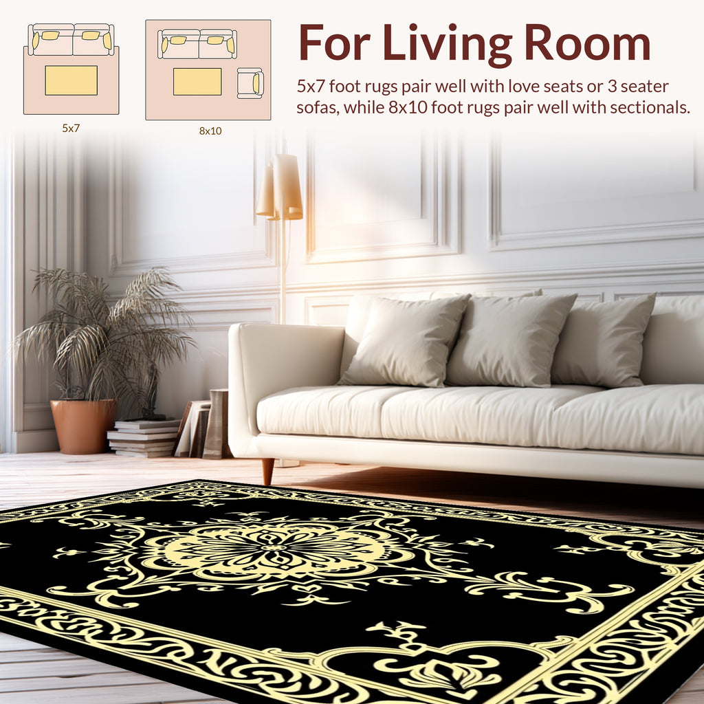 Black Gold Floral Scrollwork Medallion Rug