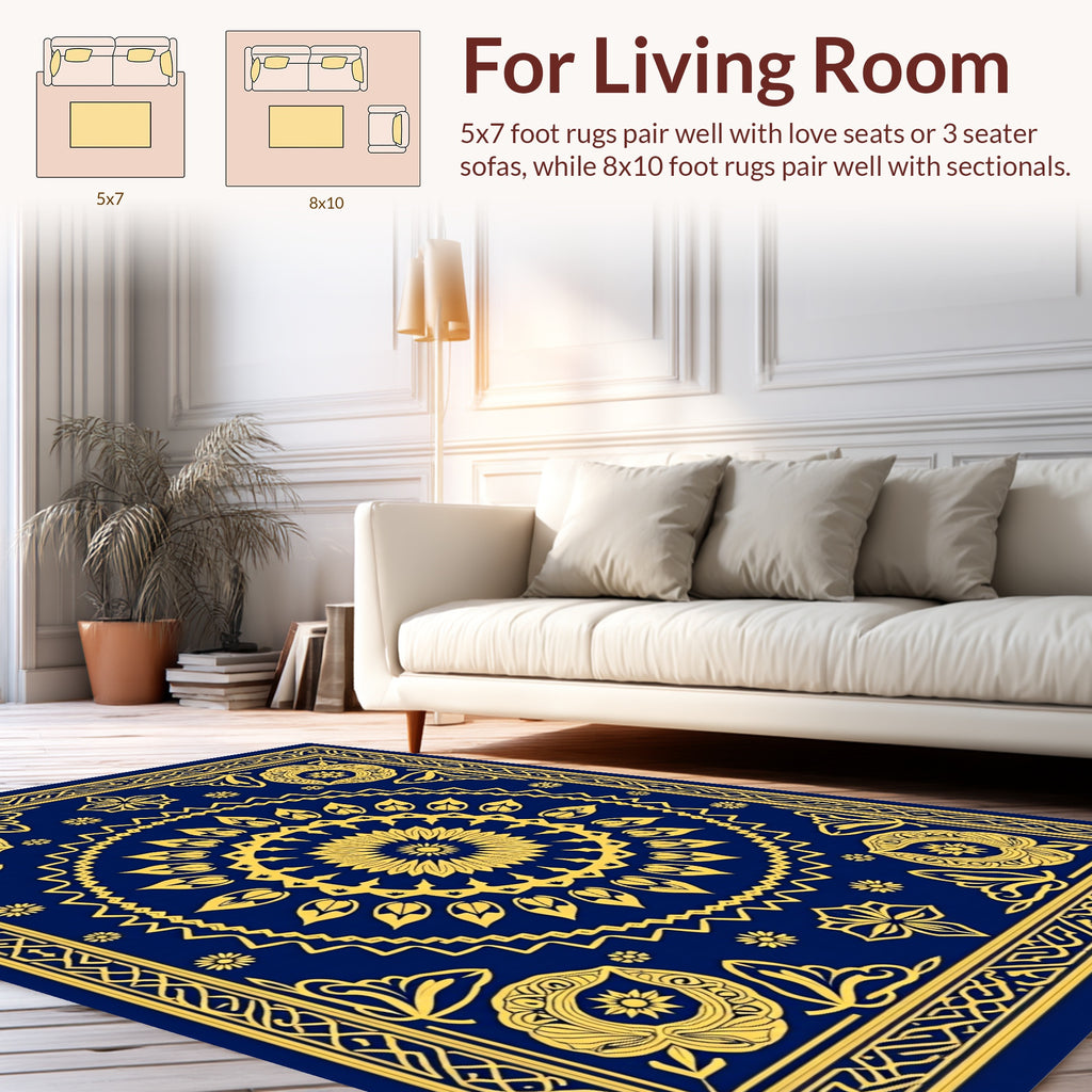 Golden Floral Mandala With Intricate Border Rug