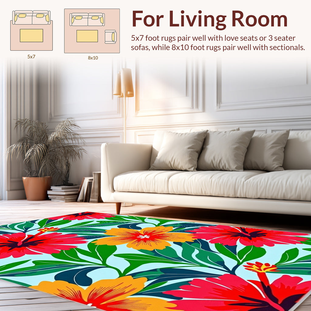 Vibrant Tropical Hibiscus Flower Pattern Rug