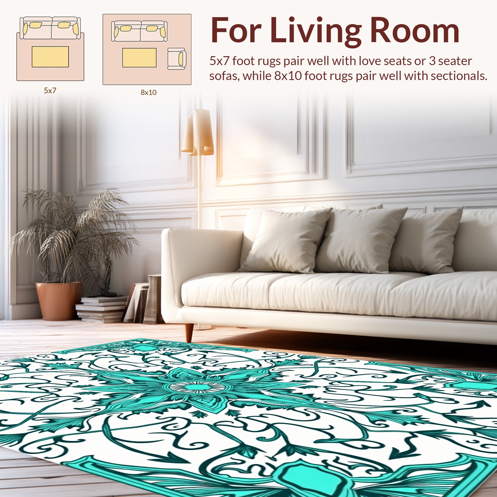 Intricate Teal Floral Scroll Design Rug