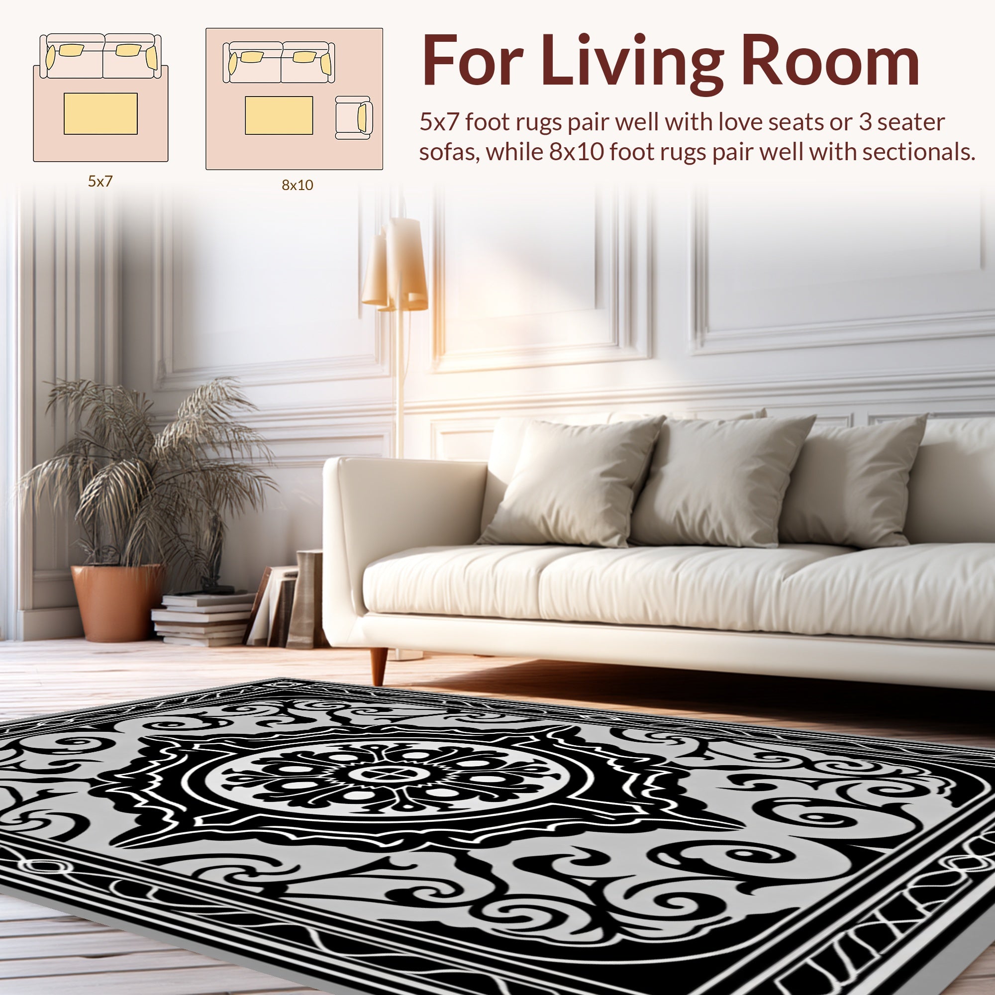 Black White Elaborate Floral Medallion Rug