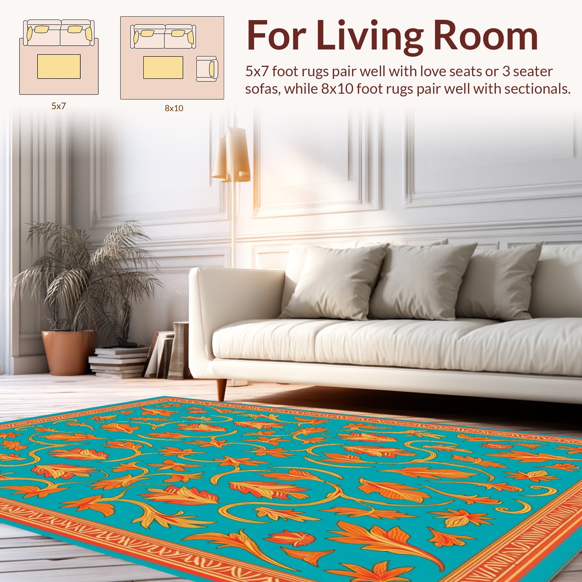 Turquoise Orange Floral Vine Design Rug