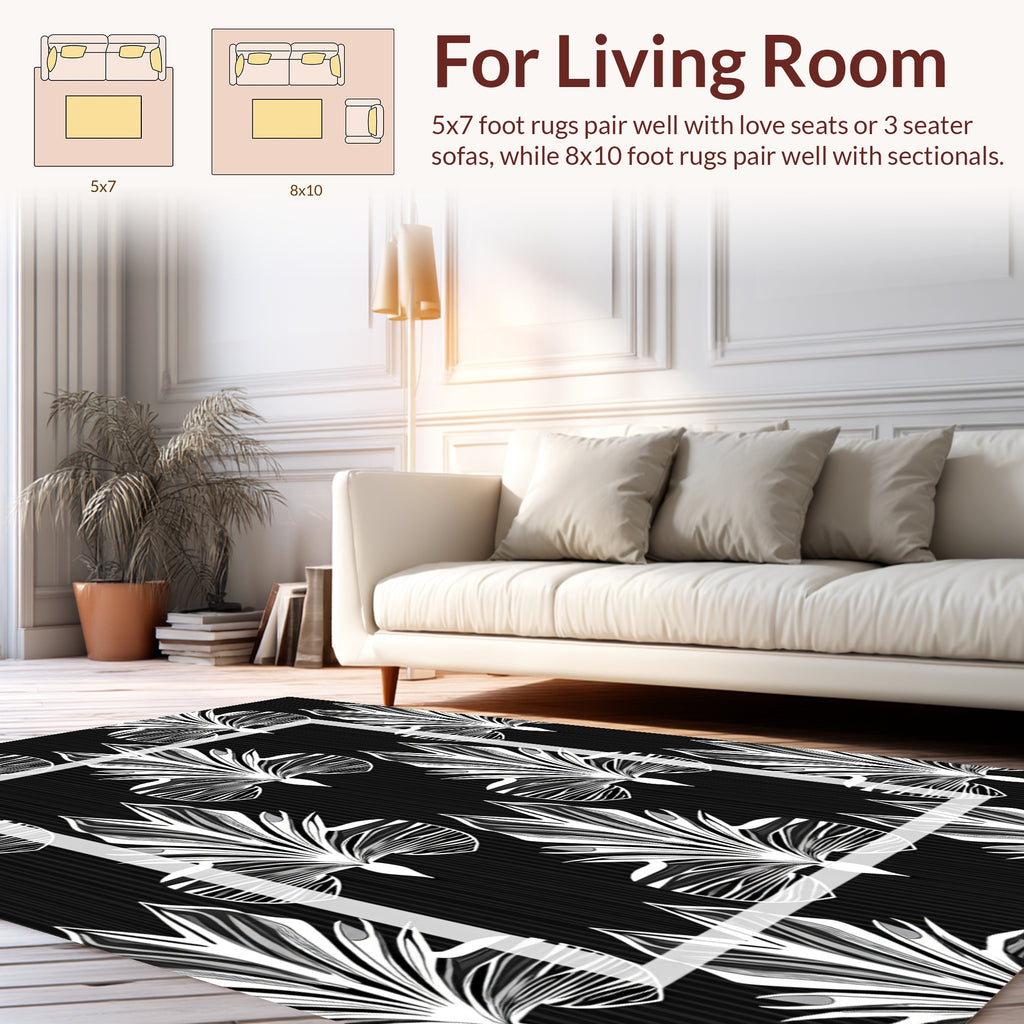 Art Deco Abstract Black White Leaf Scroll Rug