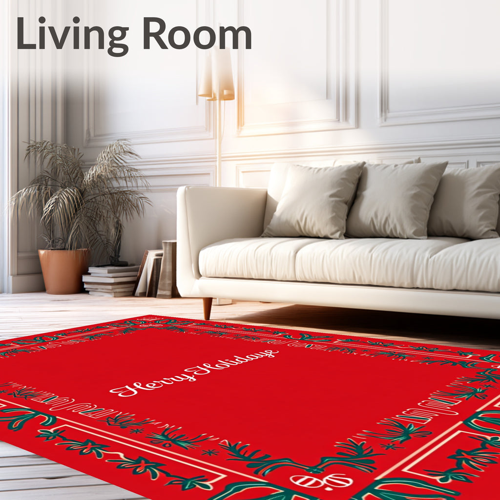 Festive Red Green Floral Border Rug