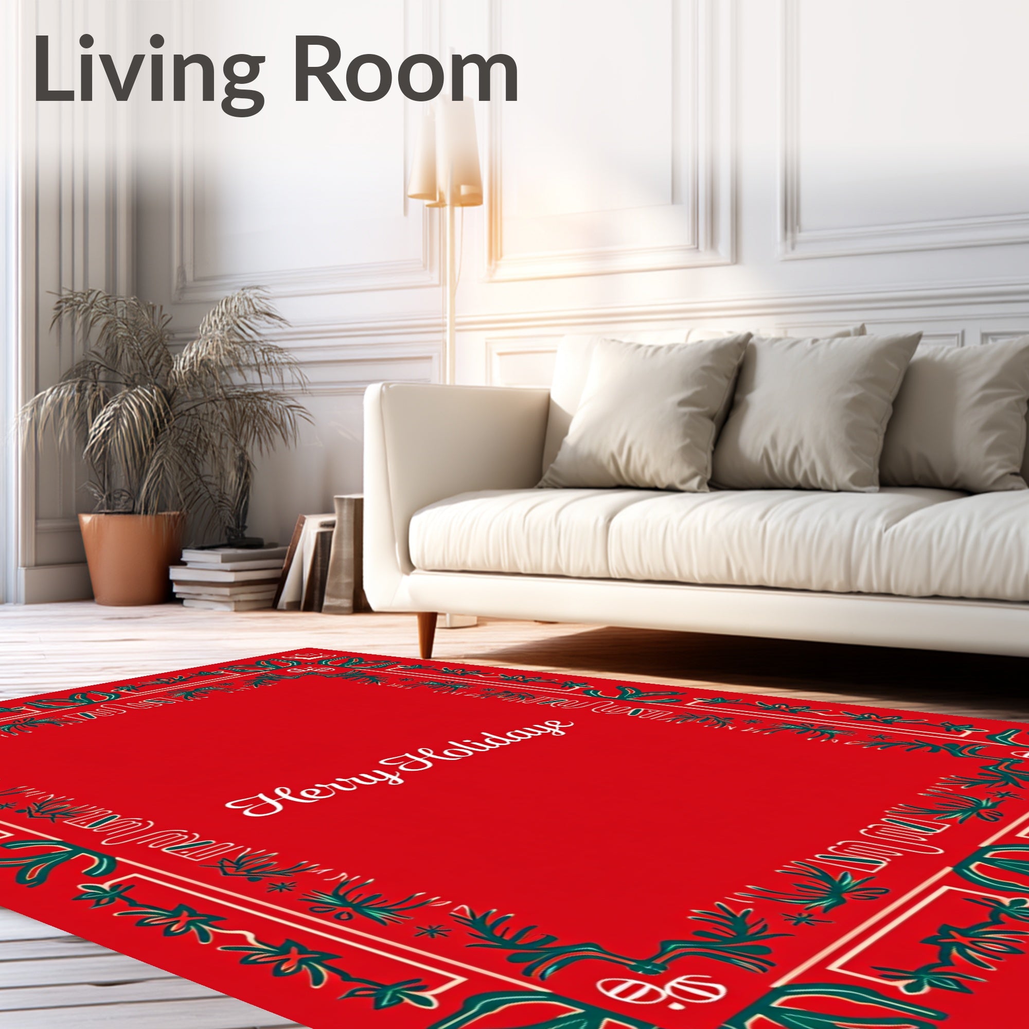 Festive Red Green Floral Border Rug