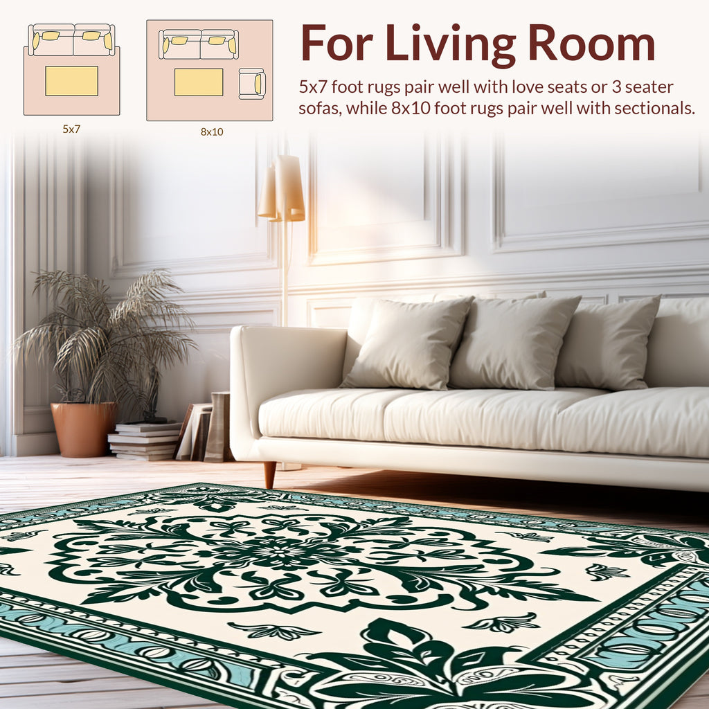 Traditional Green Floral Medallion Design Rug