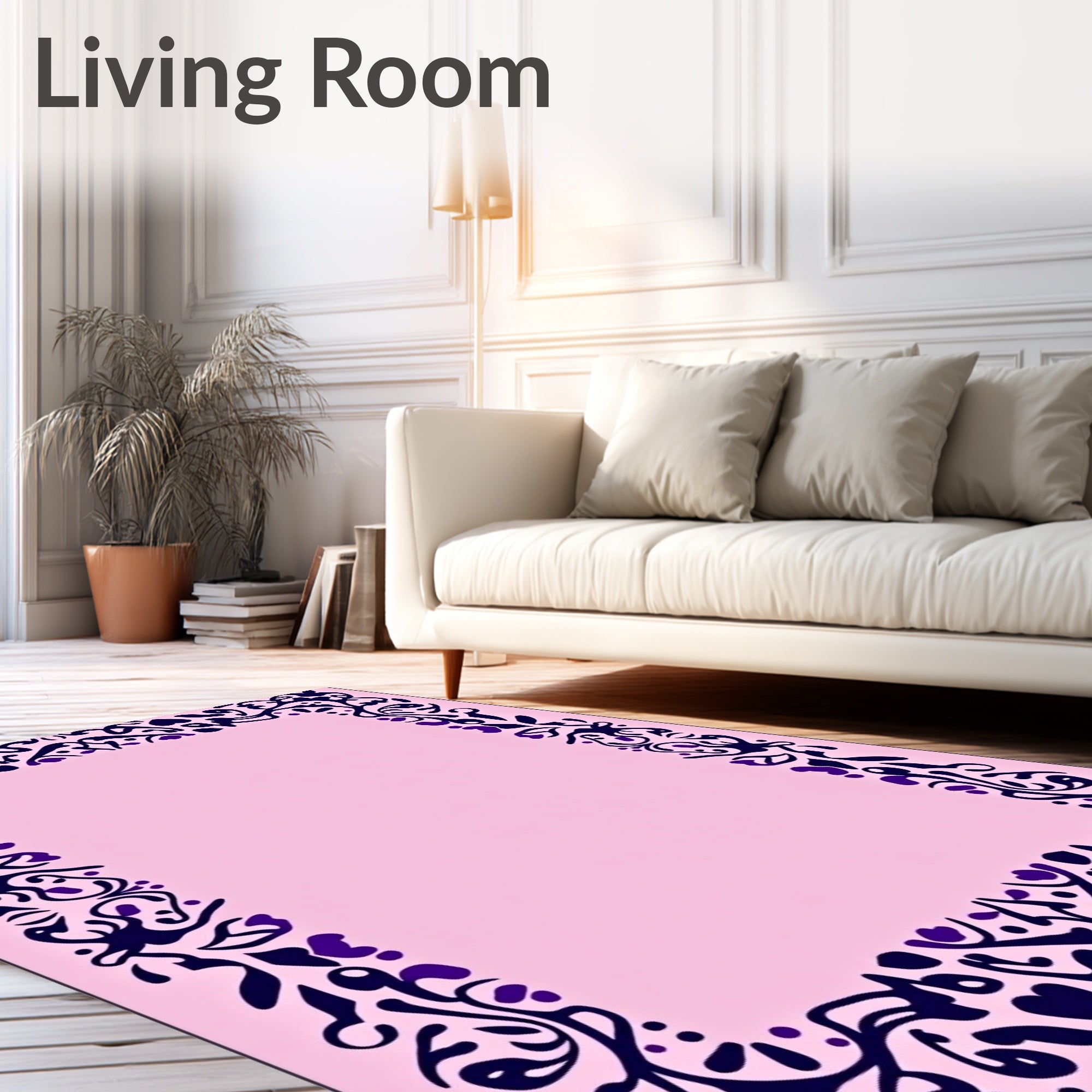 Dark Blue Floral Vine Pink Border Rug