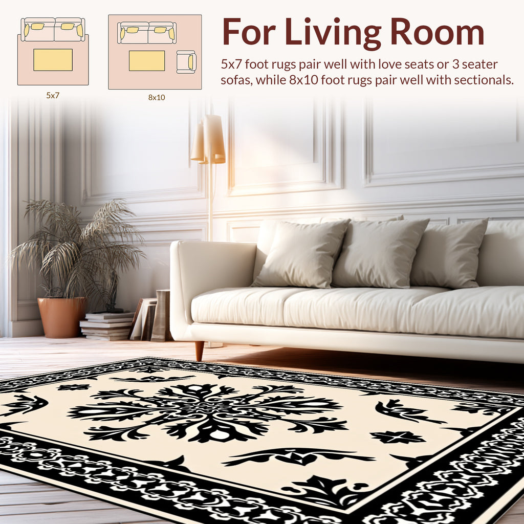 Ornate Black Floral Damask Border Rug
