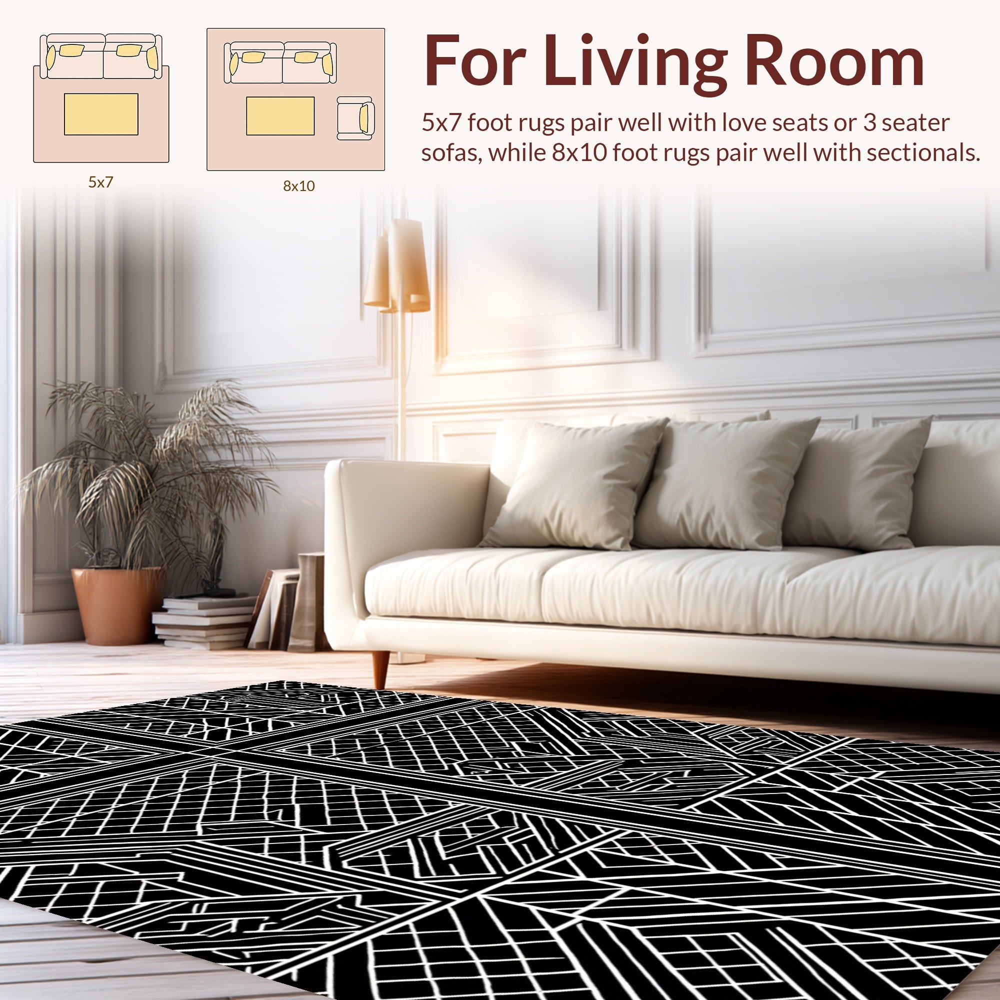 Bold White On Black Geometric Pattern Rug
