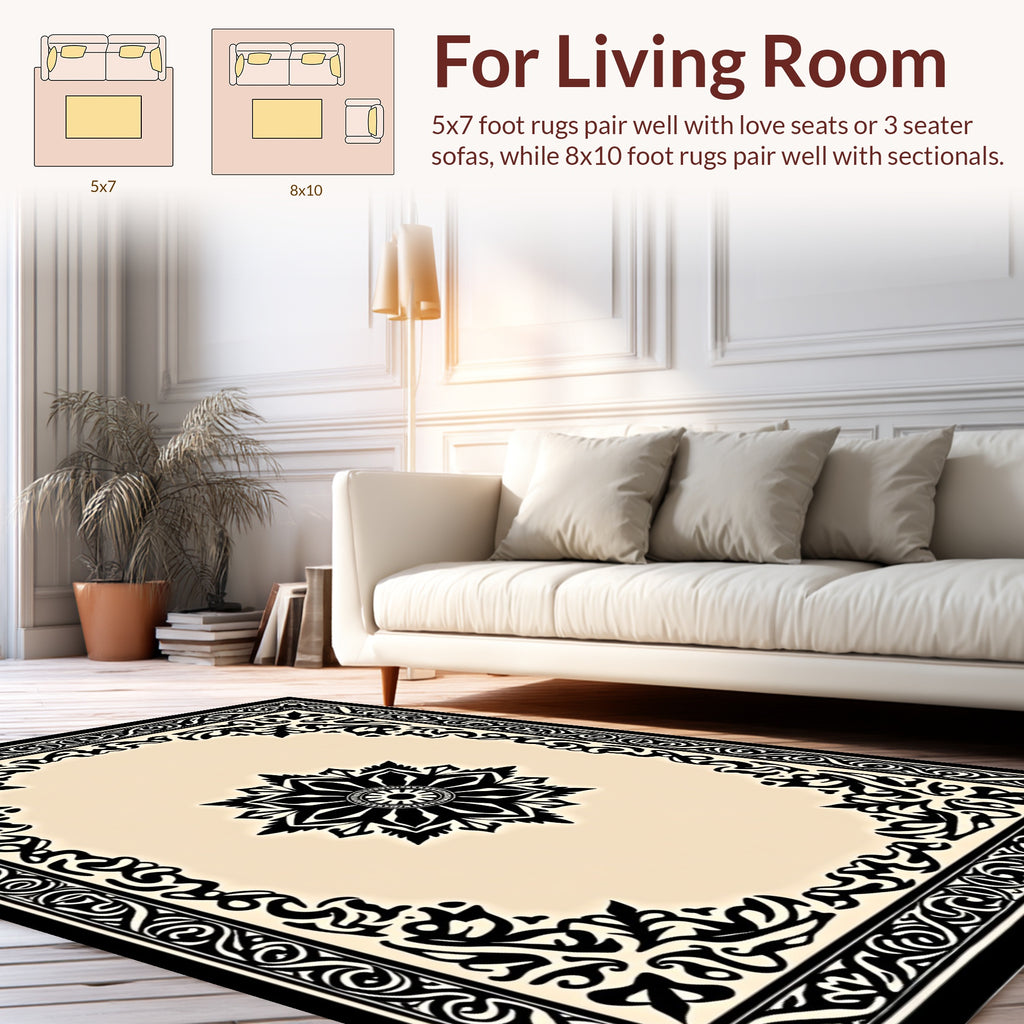 Intricate Black Floral Centerpiece Border Design Rug