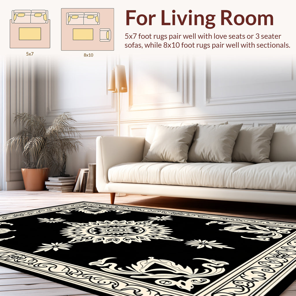 Black Cream Floral Mandala Pattern Rug
