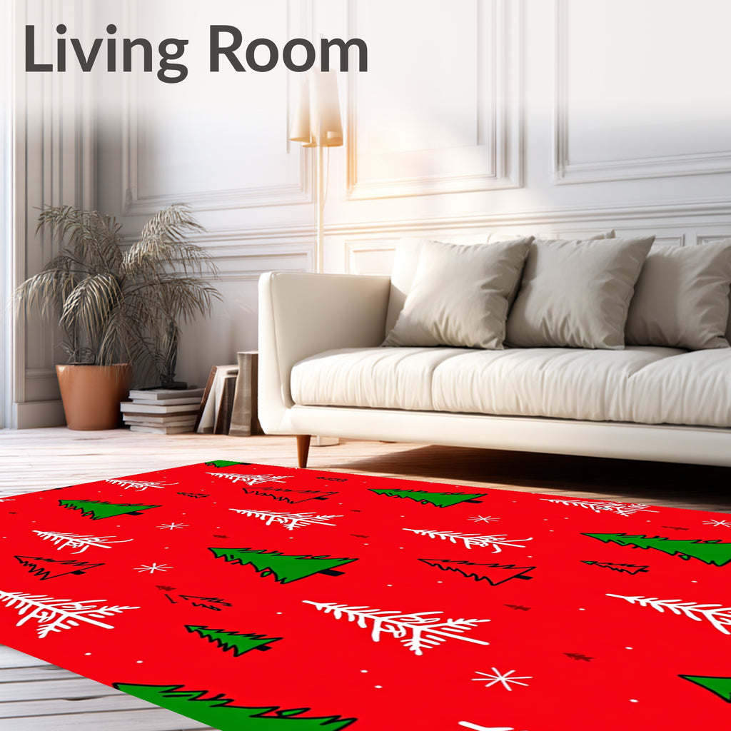 Red Festive Evergreen Trees Snowflakes Rug