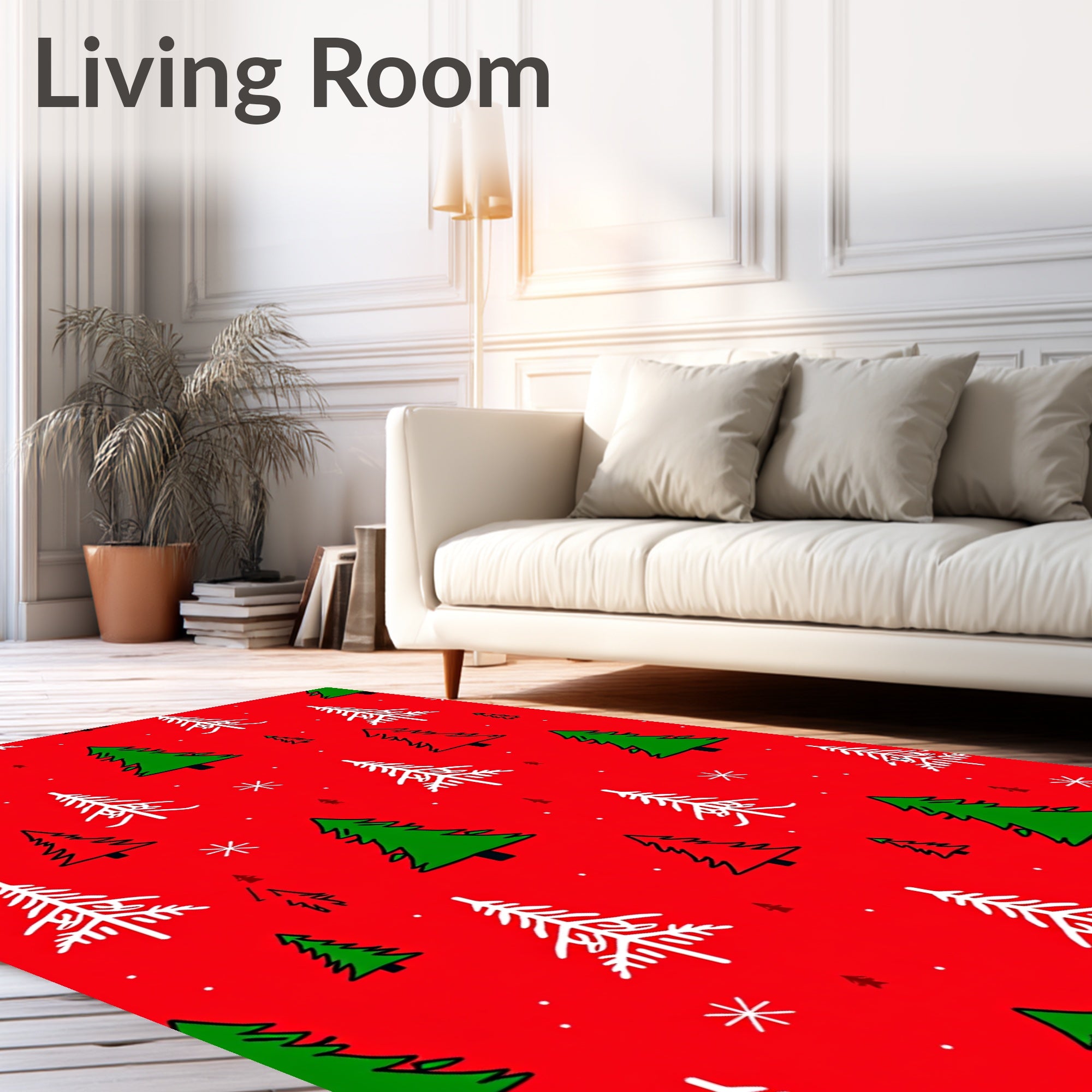 Red Festive Evergreen Trees Snowflakes Rug