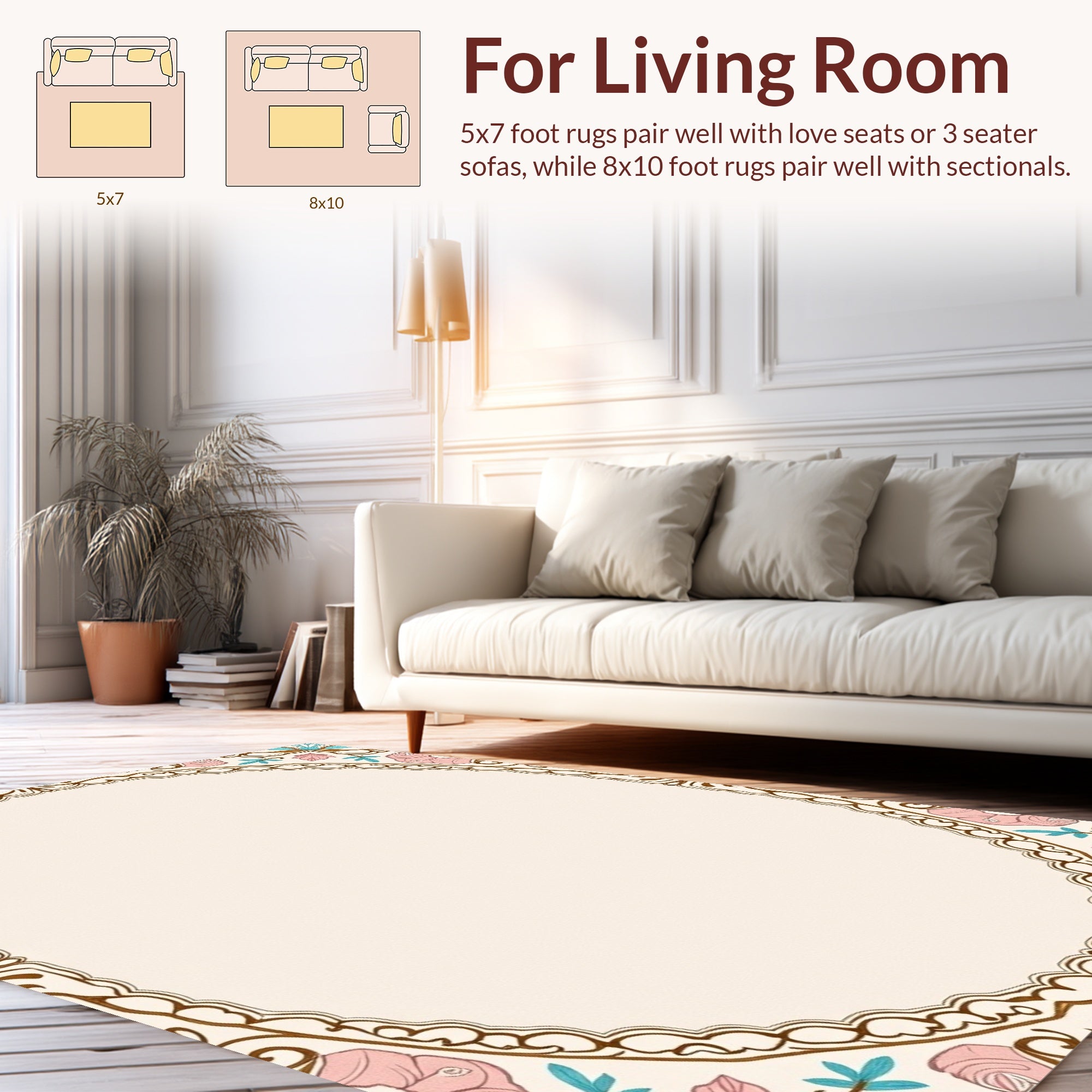 Floral Bordered Cream Ornamental Design Rug