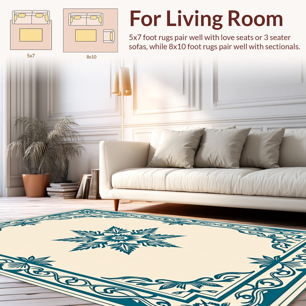 Ornate Teal Floral Border Design Rug