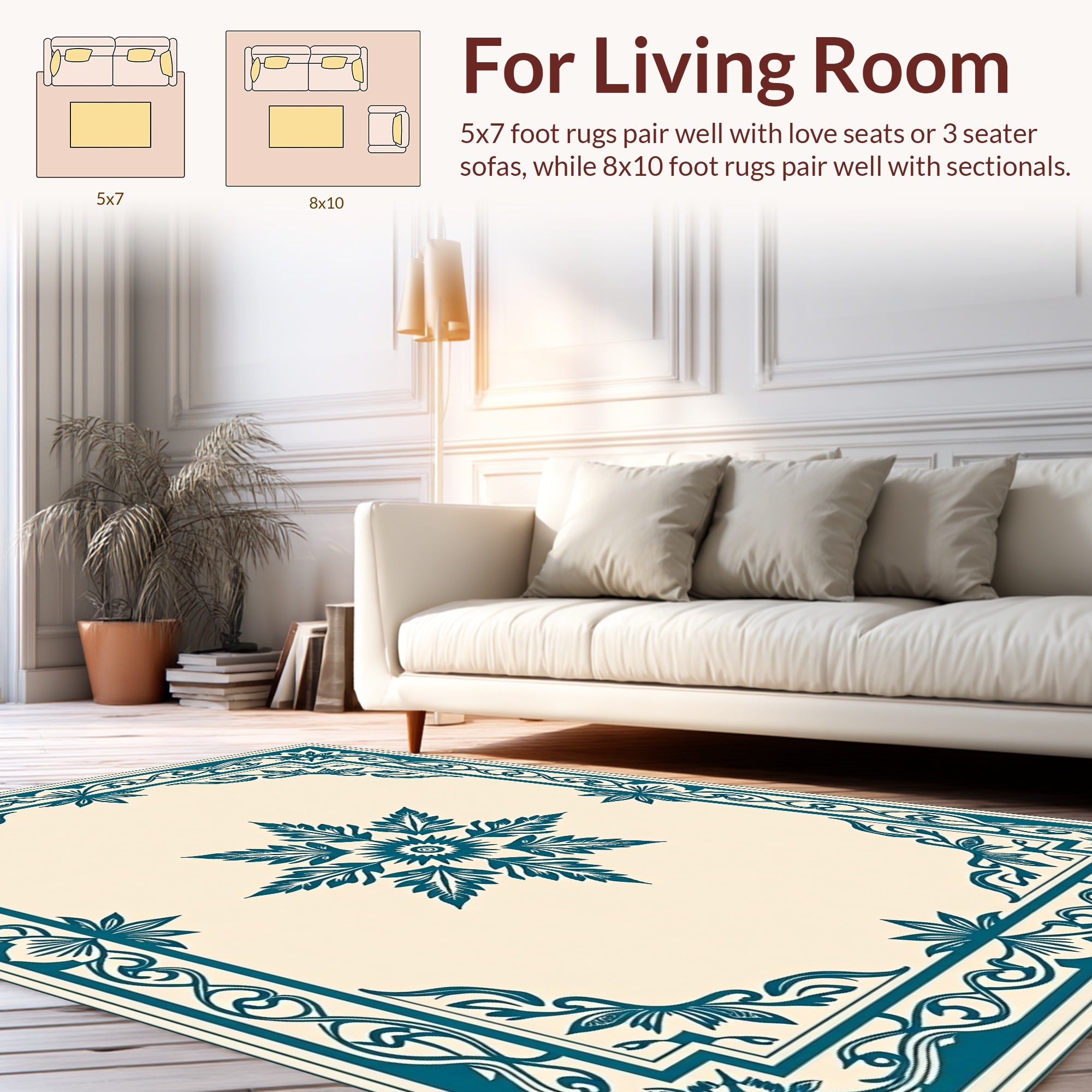 Ornate Teal Floral Border Design Rug