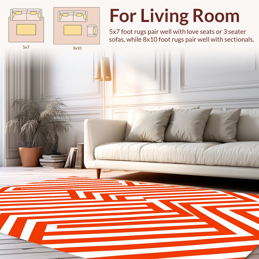 Orange White Geometric Maze Pattern Rug