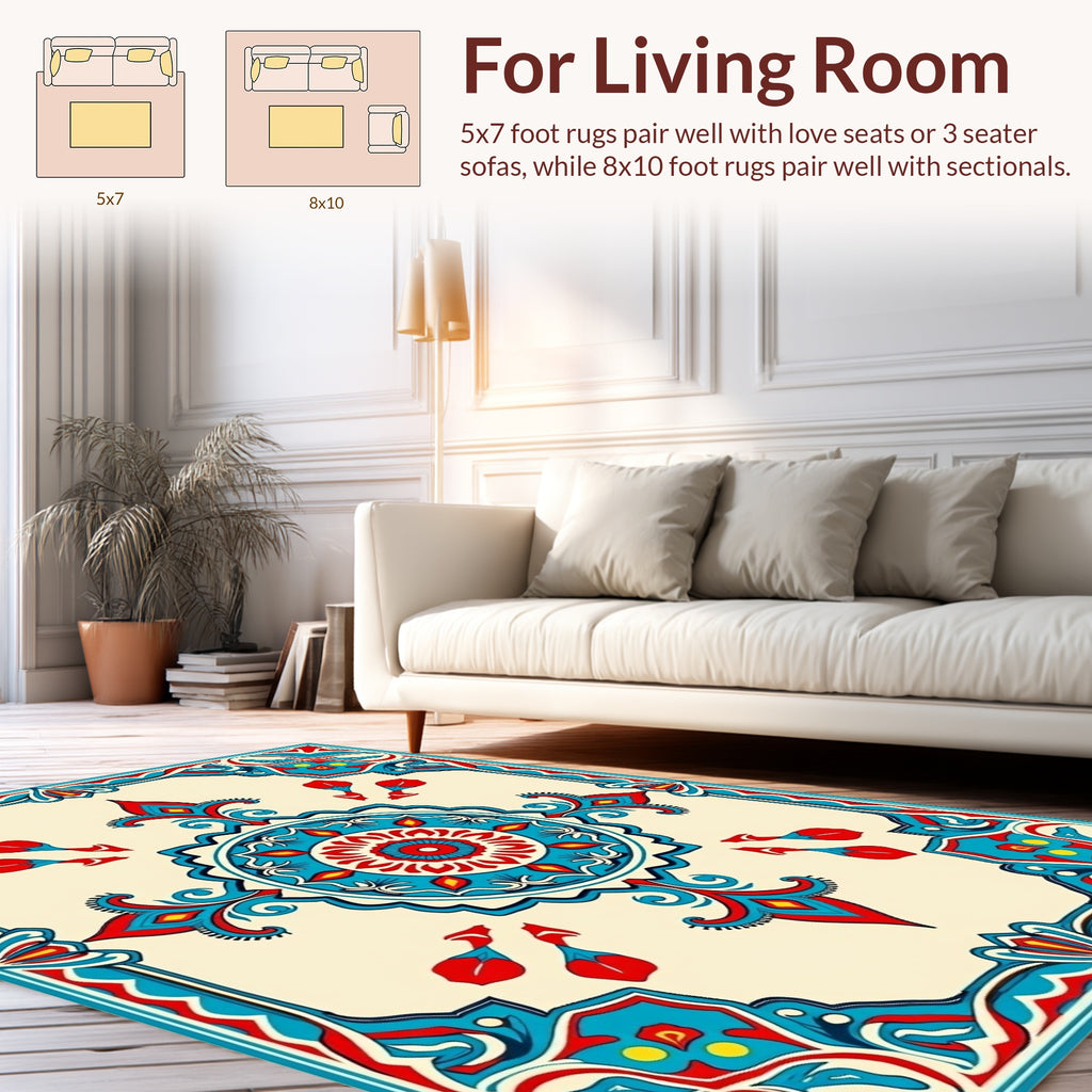 Vibrant Blue Red Floral Mandala Pattern Rug