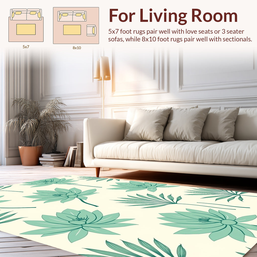 Teal Lotus Fan Tropical Design Rug