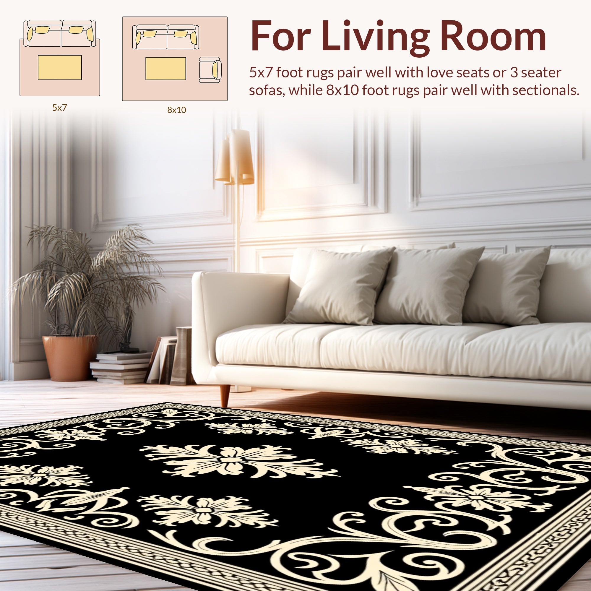Elegant Black Floral Scrollwork Rug