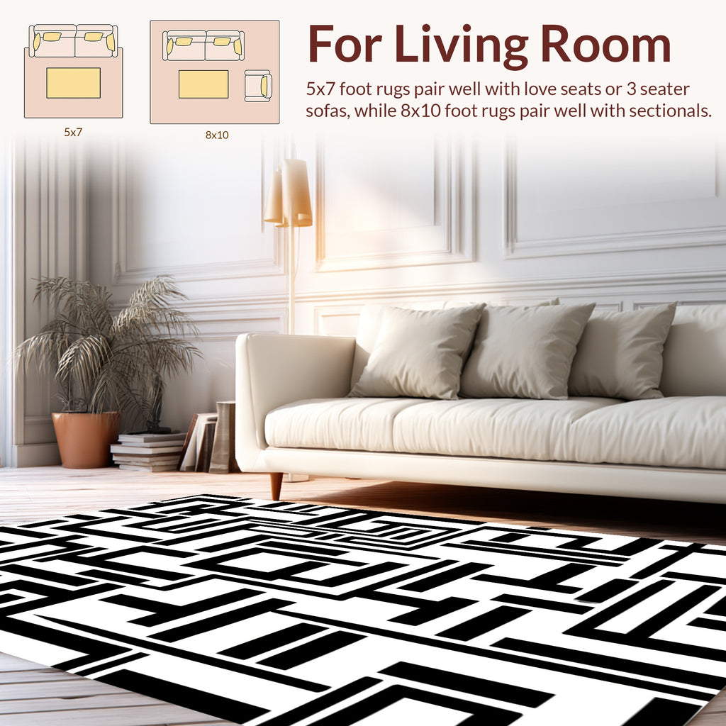 Abstract Labyrinth Black White Design Rug