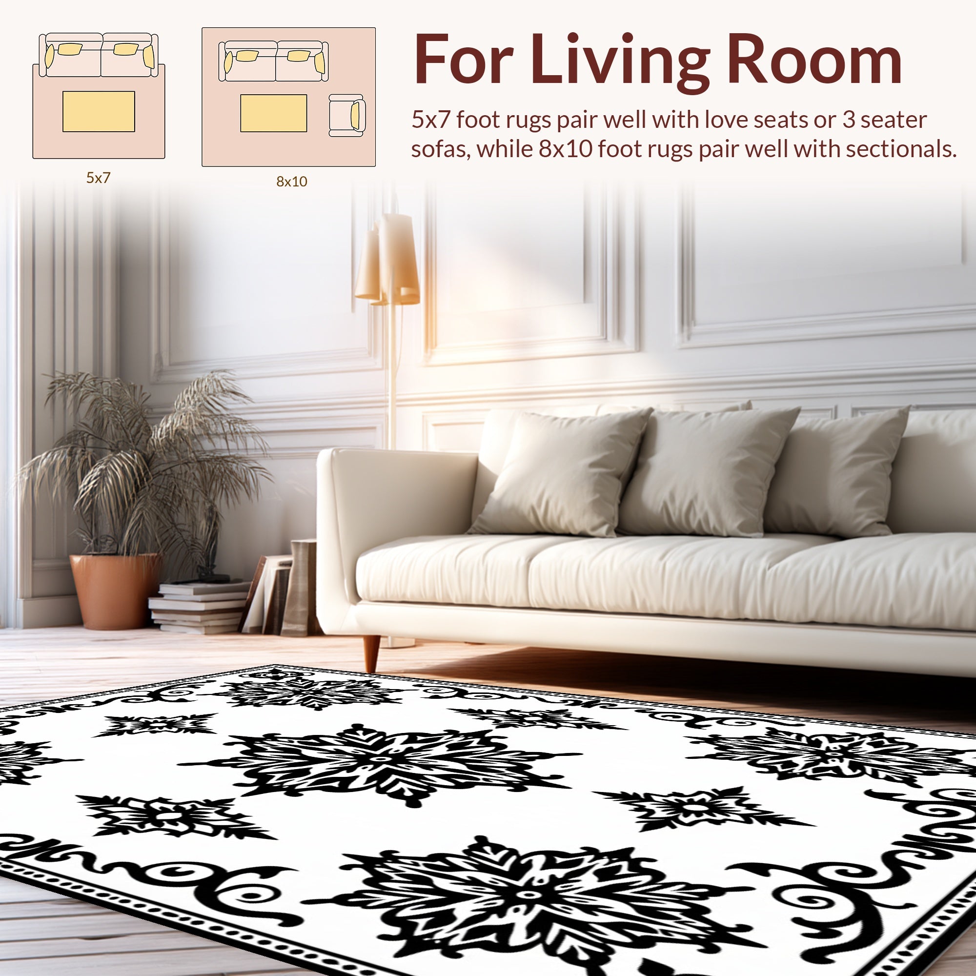Black White Ornamental Flower Pattern Rug