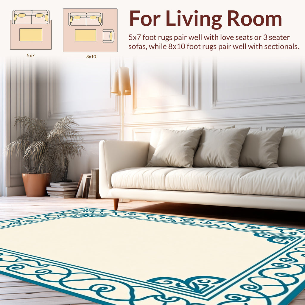 Teal Ornamental Filigree Border Design Rug