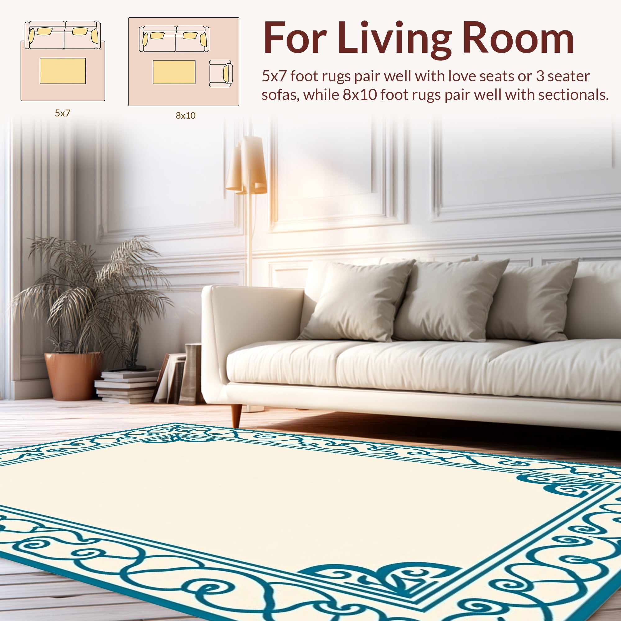 Teal Ornamental Filigree Border Design Rug