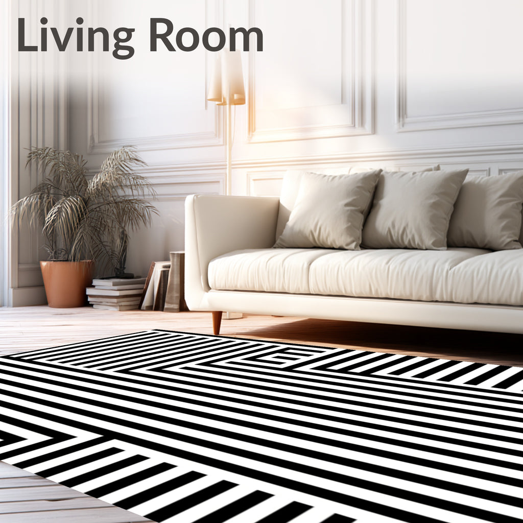 Bold Black White Geometric Stripe Rug