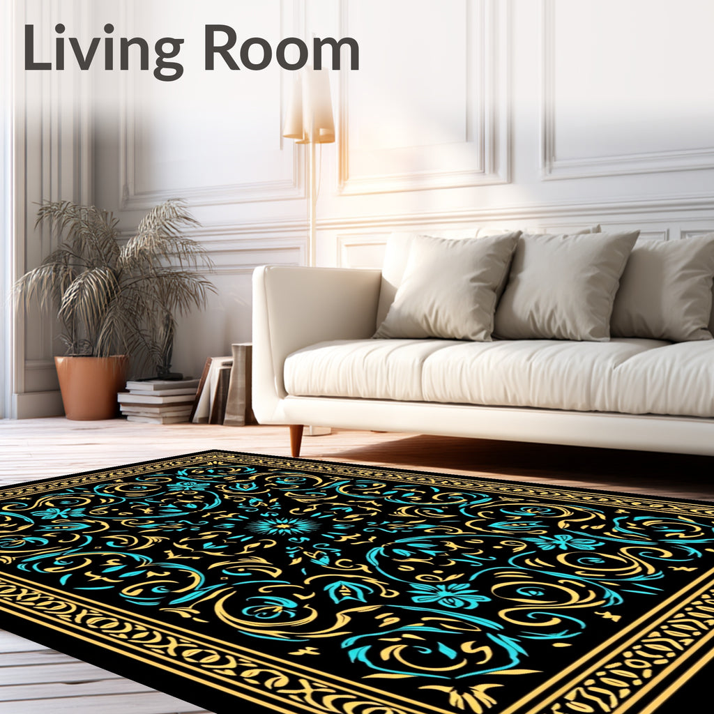 Ornate Teal Gold Floral Mandala Rug