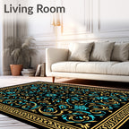 Ornate Teal Gold Floral Mandala Rug