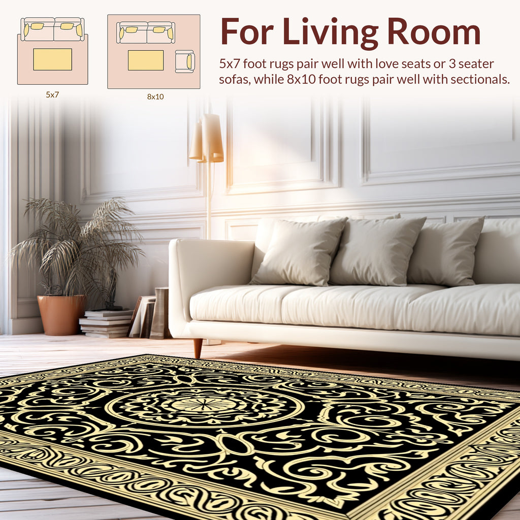 Ornate Black and Gold Damask Pattern Rug