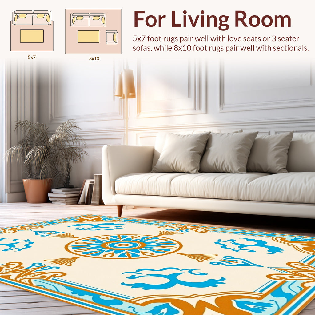 Ornate Teal Gold Floral Pattern Rug