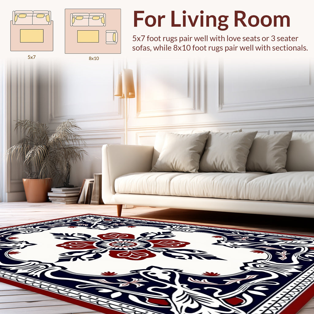 Bold Red Navy White Floral Frame Rug