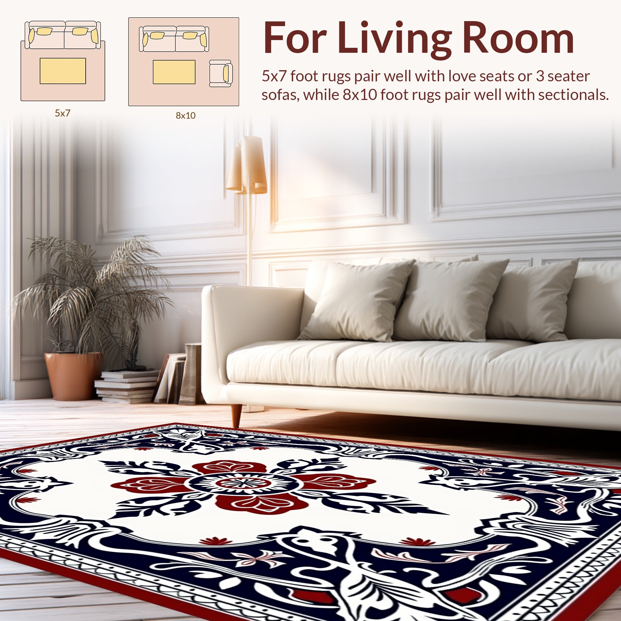 Bold Red Navy White Floral Frame Rug