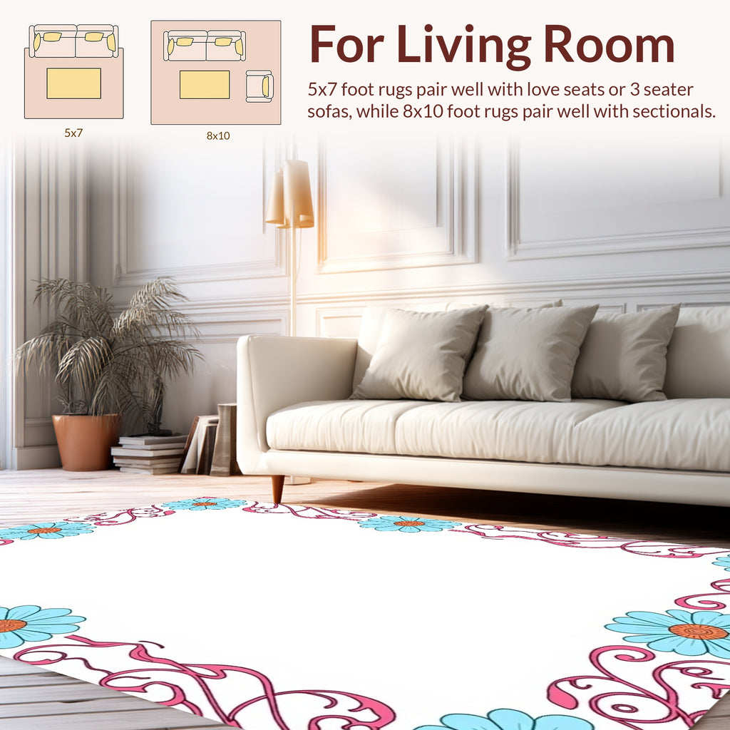 Floral Swirl Blue Pink Border Rug