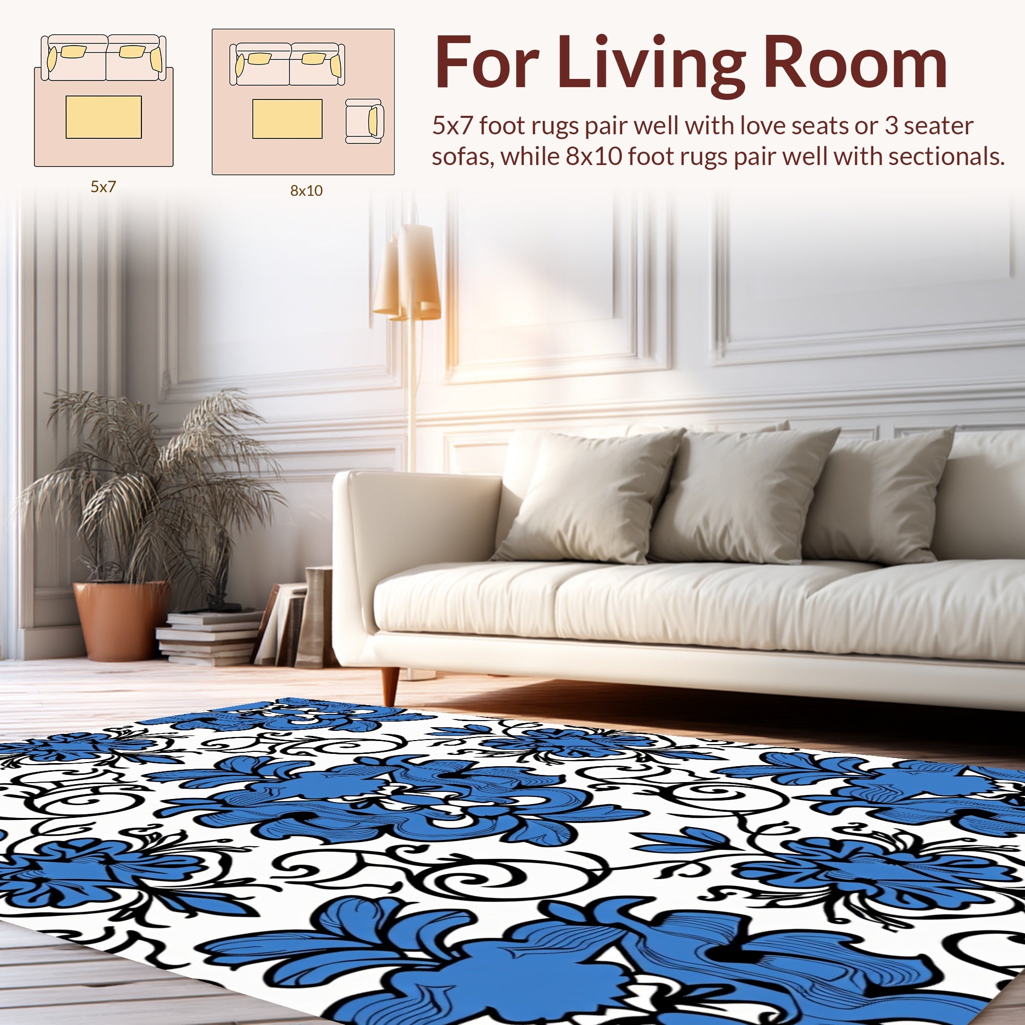 Bold Blue Floral Damask Pattern Rug