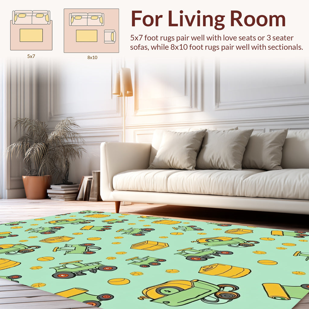 Playful Green Tractors Pattern Rug