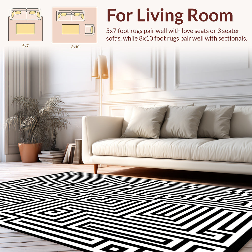 Black White Geometric Maze Pattern Rug