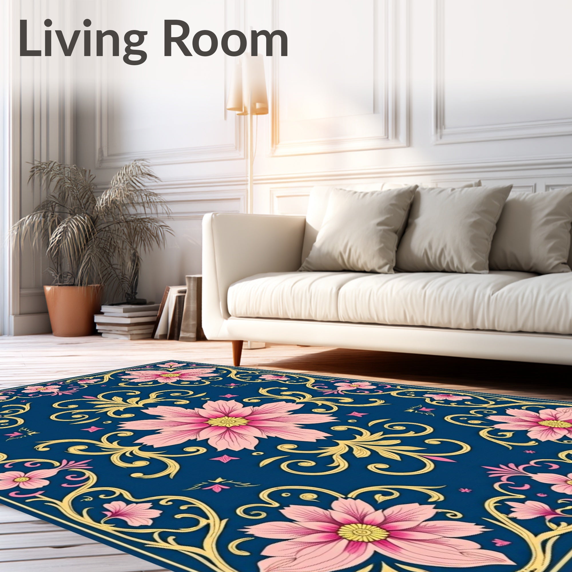 Pink Floral Medallion Blue Gold Rug